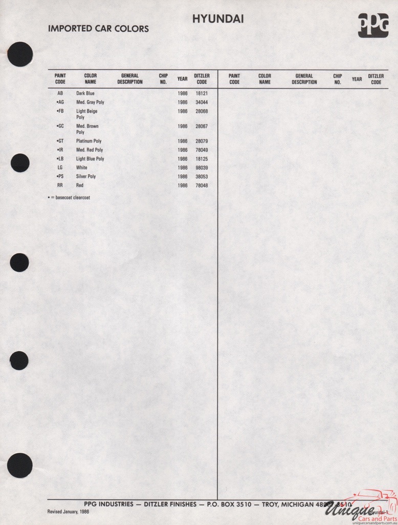 1986 Hyundai Paint Charts PPG 2